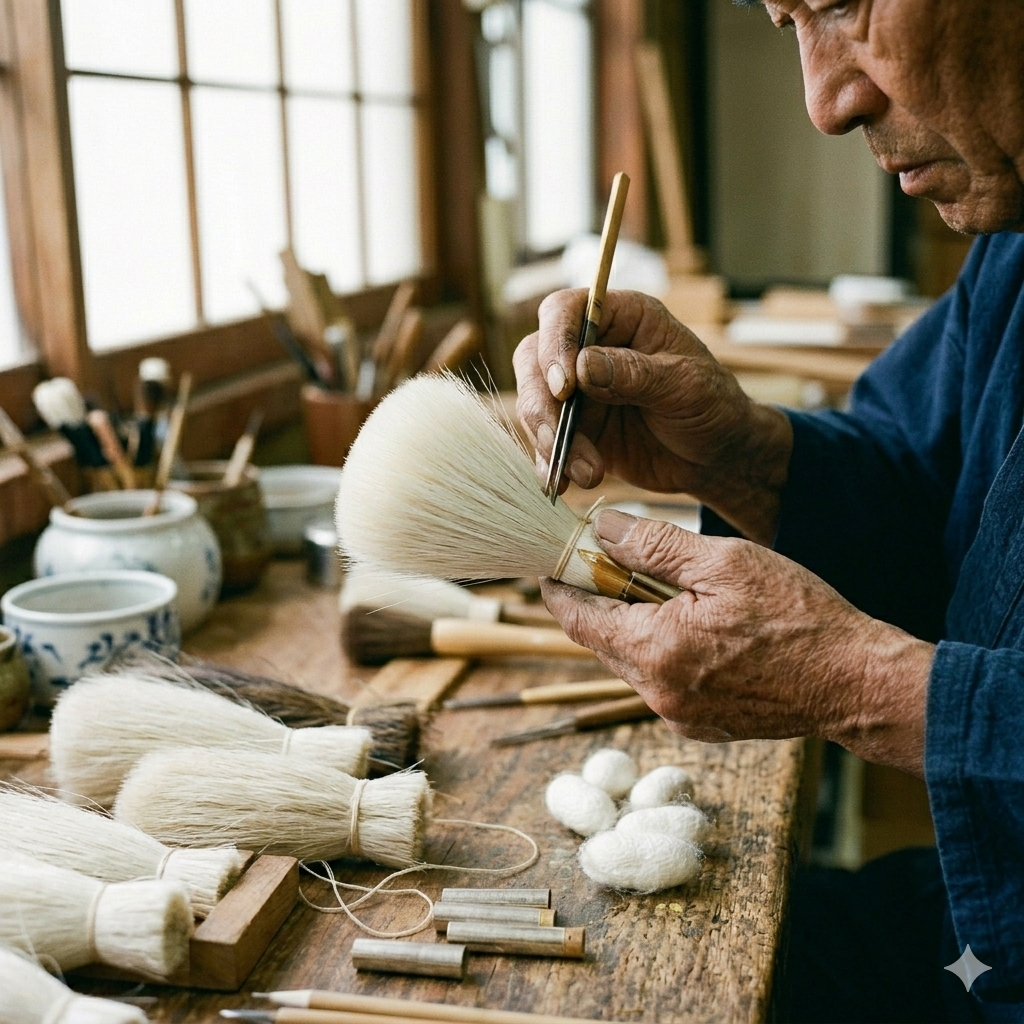 熊野筆の伝統工芸士が丁寧に筆を作る手元