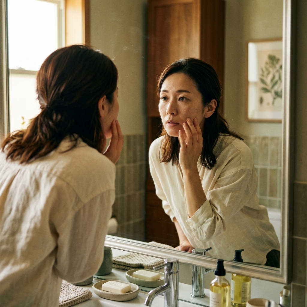 鏡で肌を気にする女性